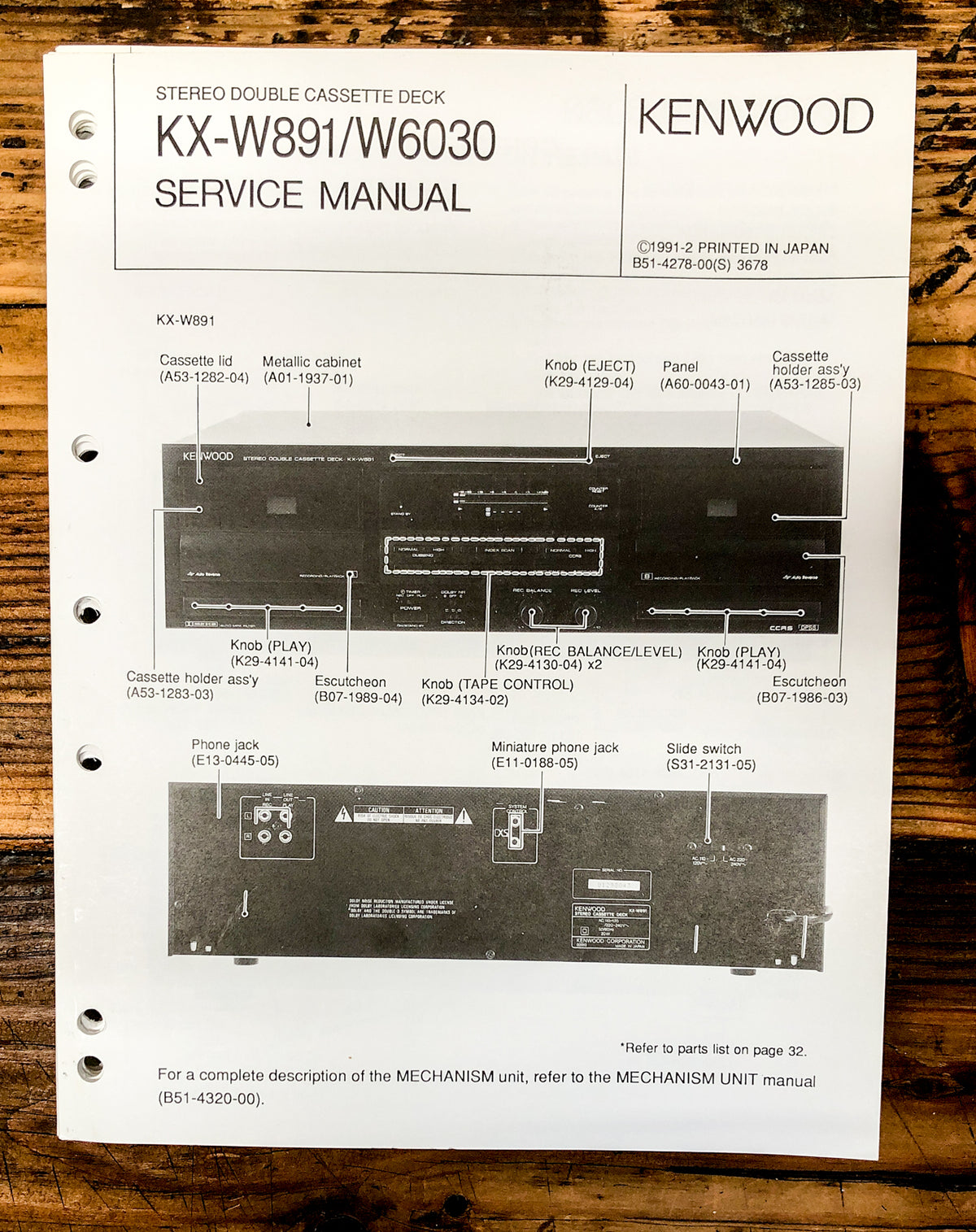 Kenwood KX-W891 KX-W6030 Cassette Service Manual *Original*