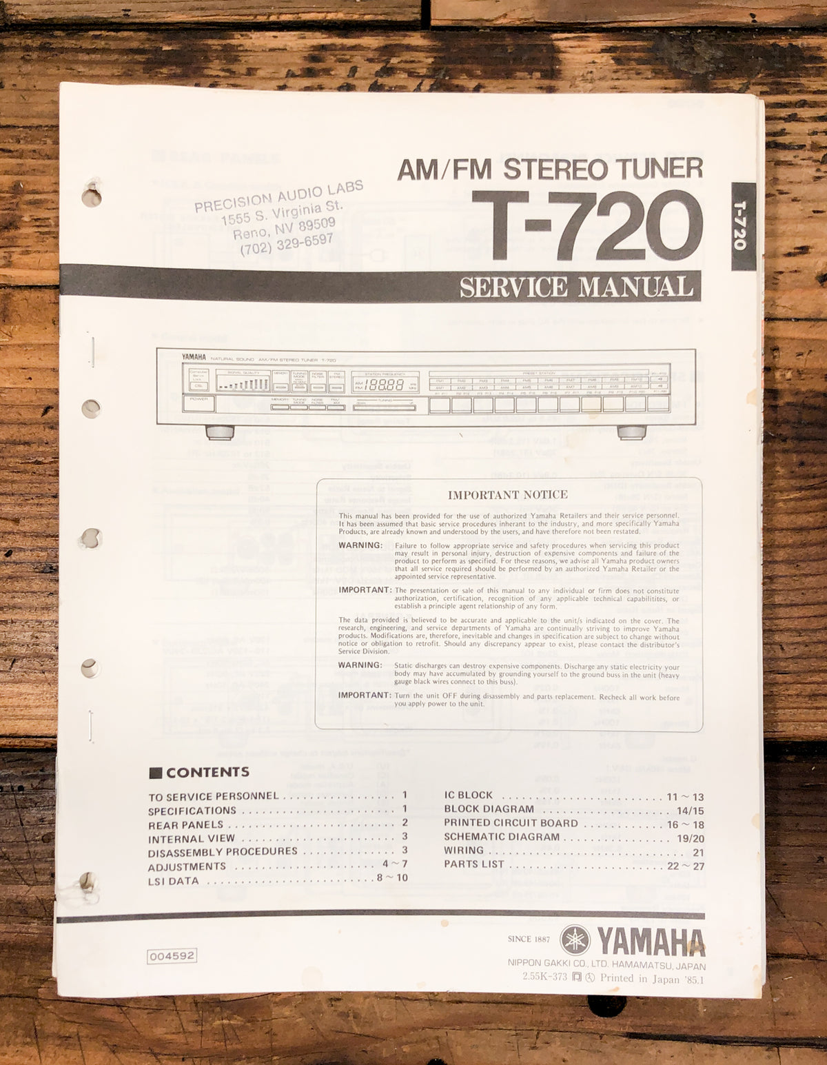Yamaha T-720 Tuner Service Manual *Original*
