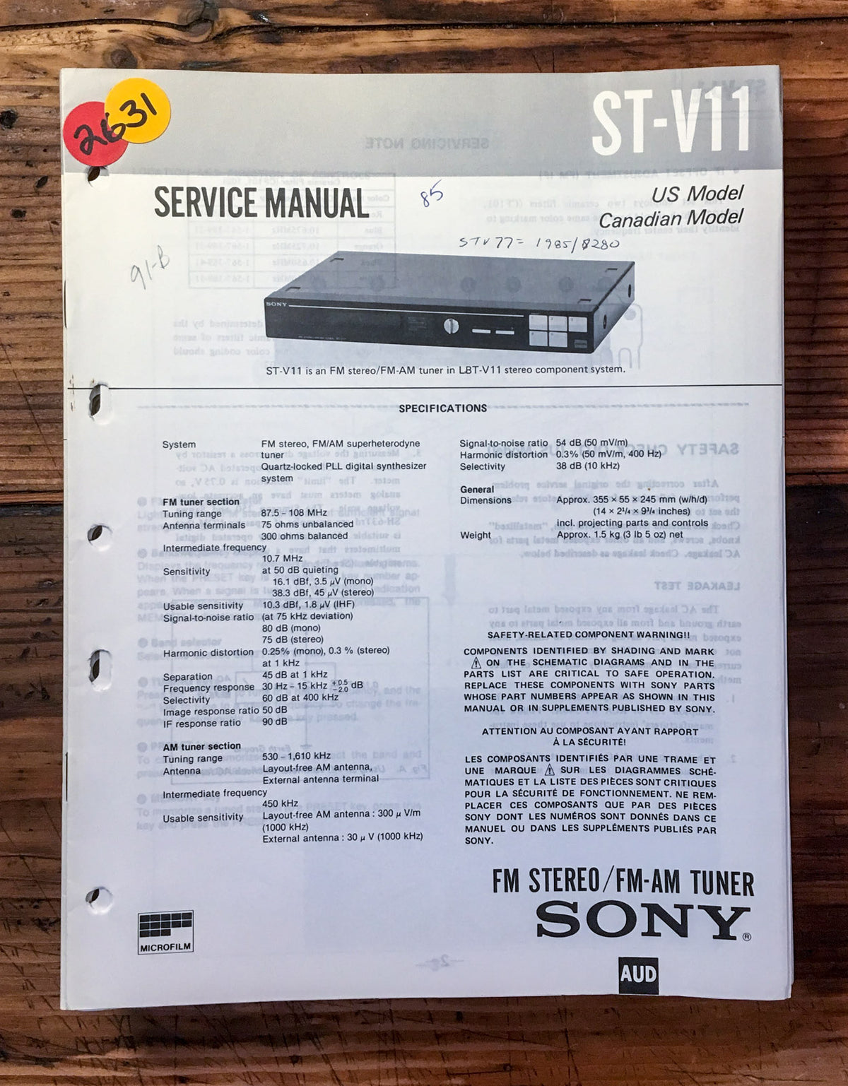 Sony ST-V11 Tuner Service Manual *Original*