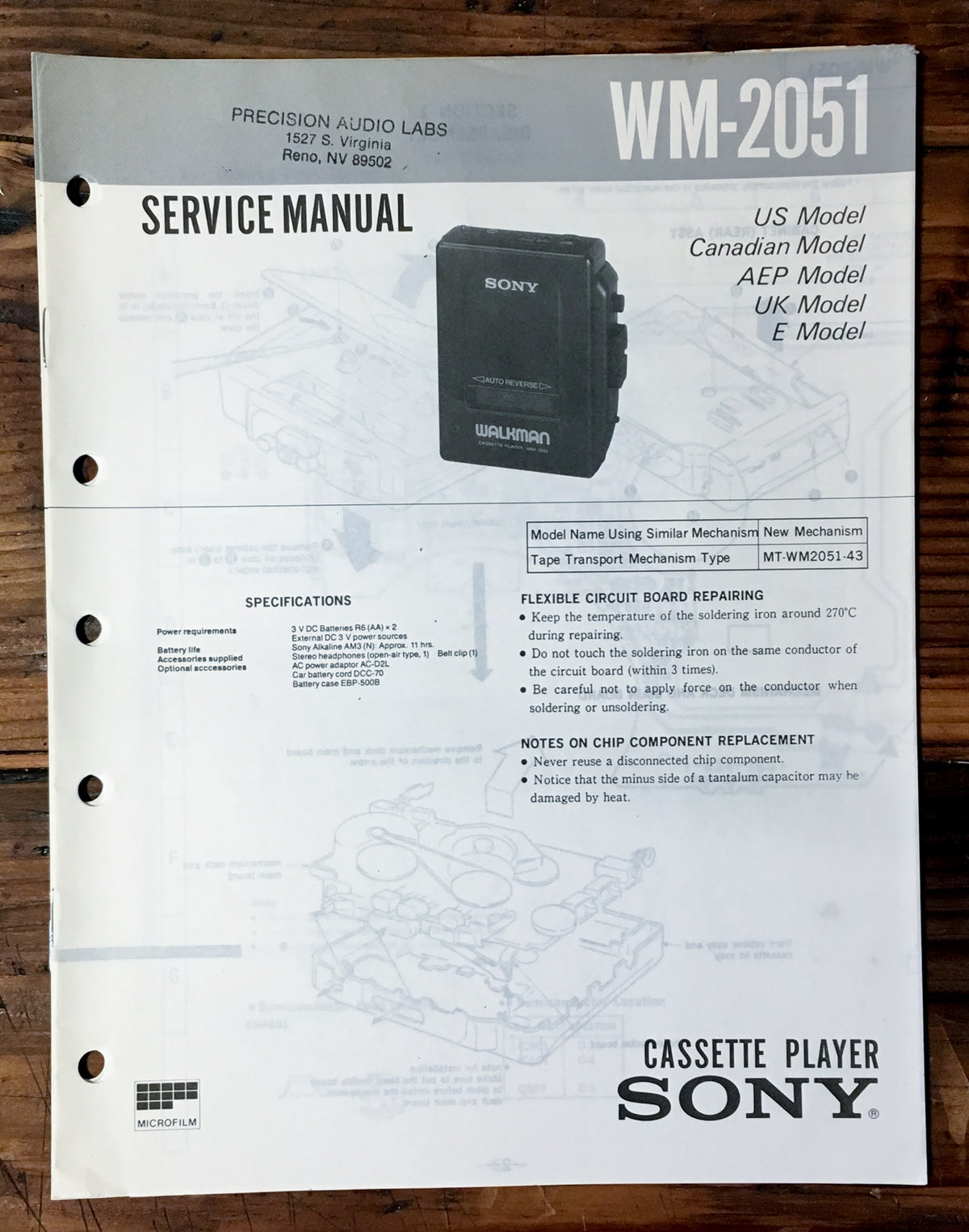 Sony WM-2051 Cassette Service Manual *Original*