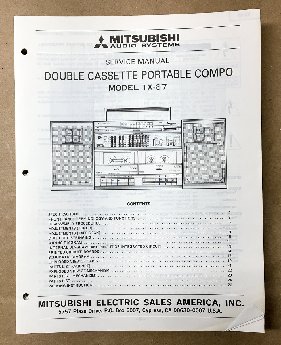 Mitsubishi TX-67 Portable Stereo Service Manual *Original*