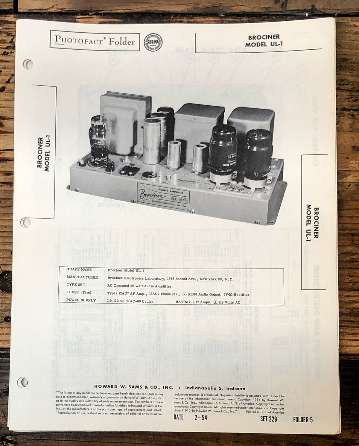 Brociner Model UL-1 Amplifier Sams Photofact Service Manual *Original*