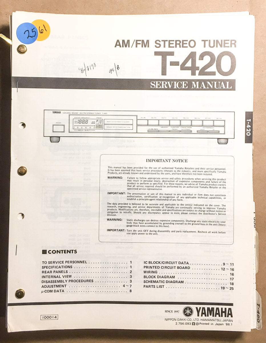 Yamaha T-420 Tuner Service Manual *Original*
