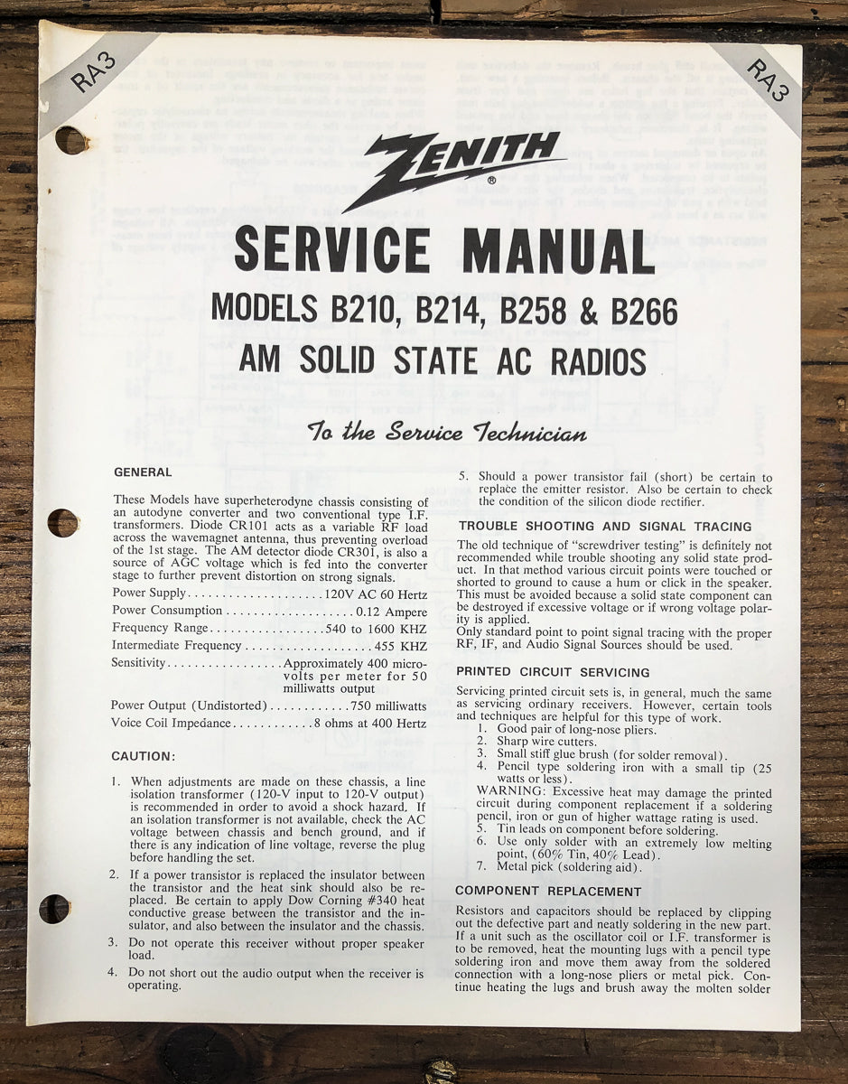 Zenith Model B210 B214 B258 B266 Service Manual *Original*
