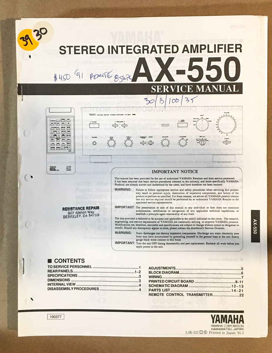 Yamaha AX-550 Amplifier Service Manual *Original*