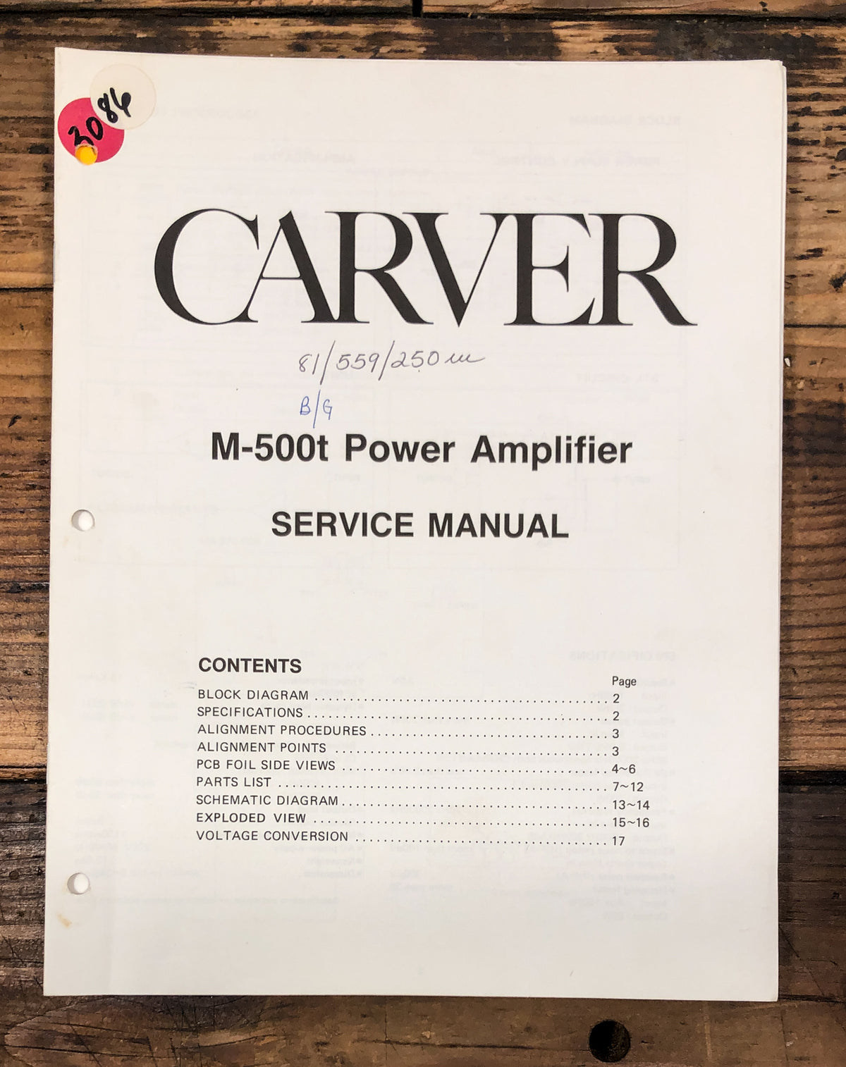 Carver M-500T Amplifier Service Manual *Original*