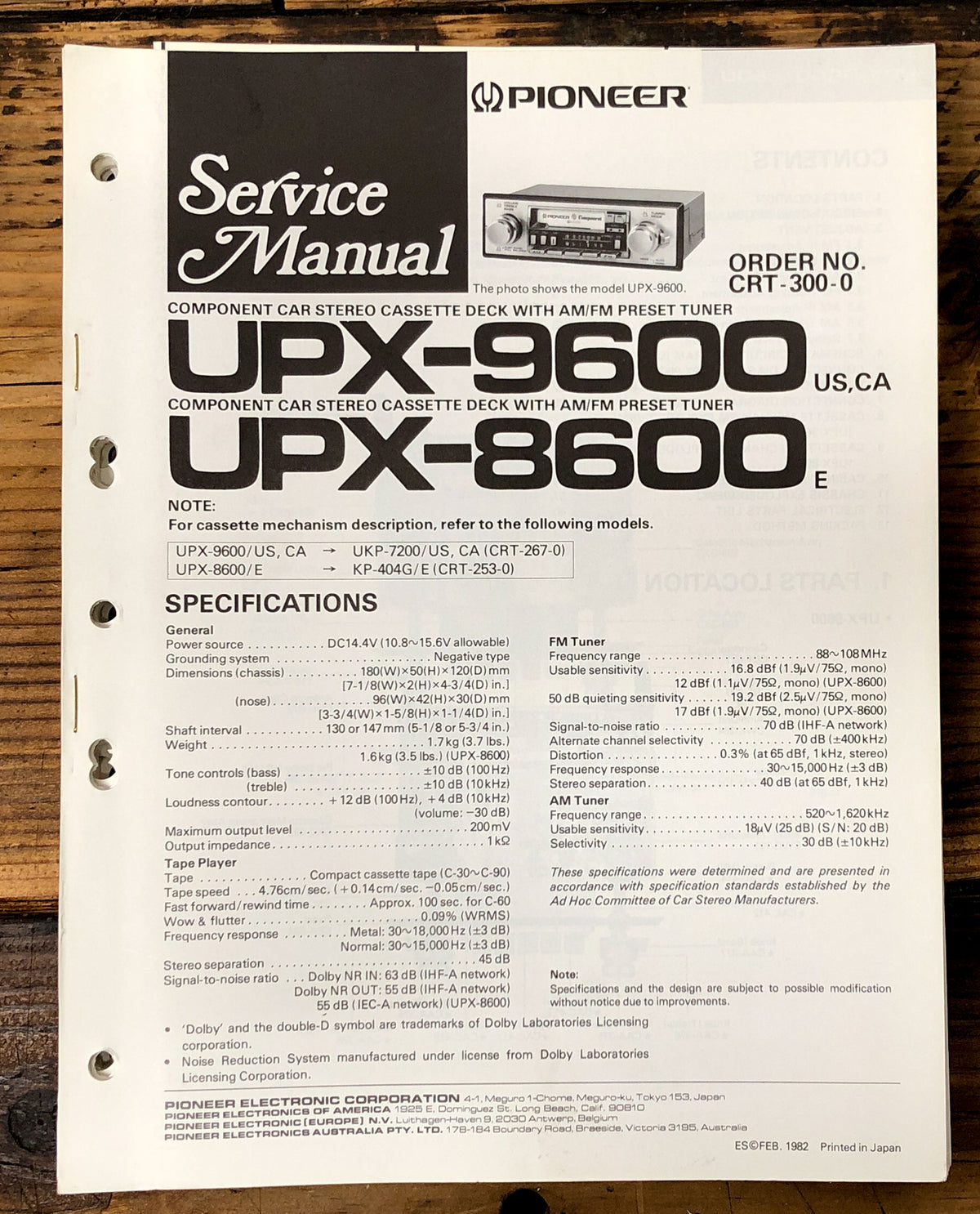 Pioneer UPX-8600 UPX-9600 Car Stereo Service Manual *Original* #1
