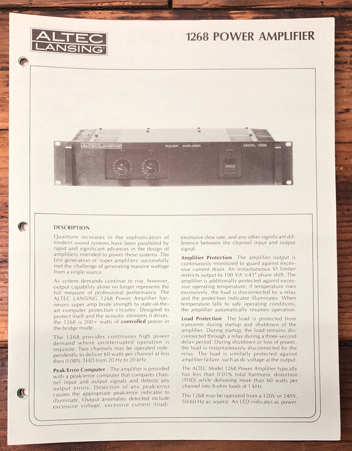 Altec Model 1268 Amplifier Service Manual *Original*