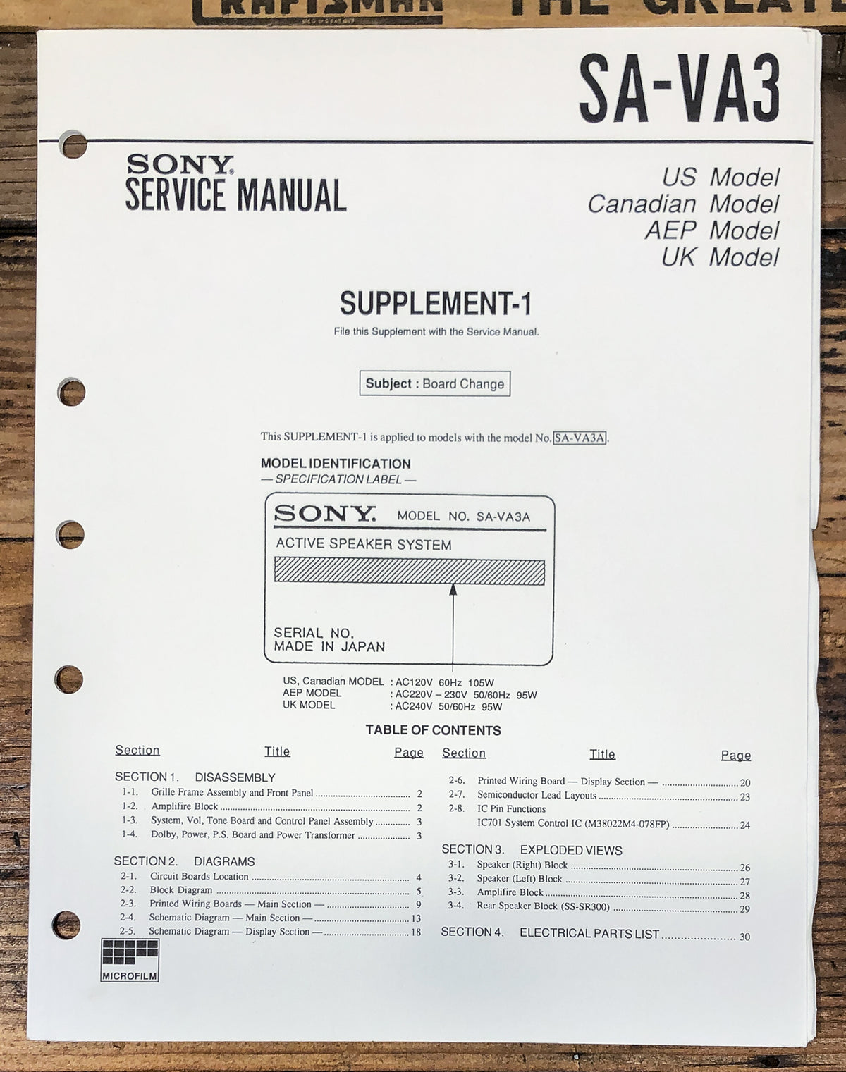 Sony SA-VA3 Speaker Supp. Service Manual *Original*