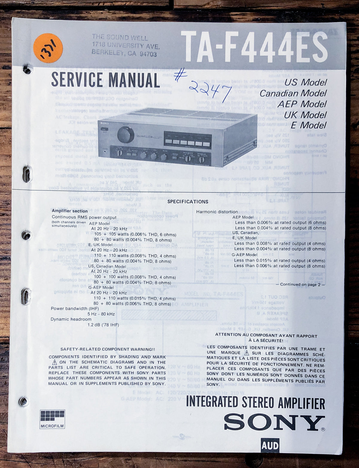 Sony TA-F444ES Amplifier Service Manual *Original*