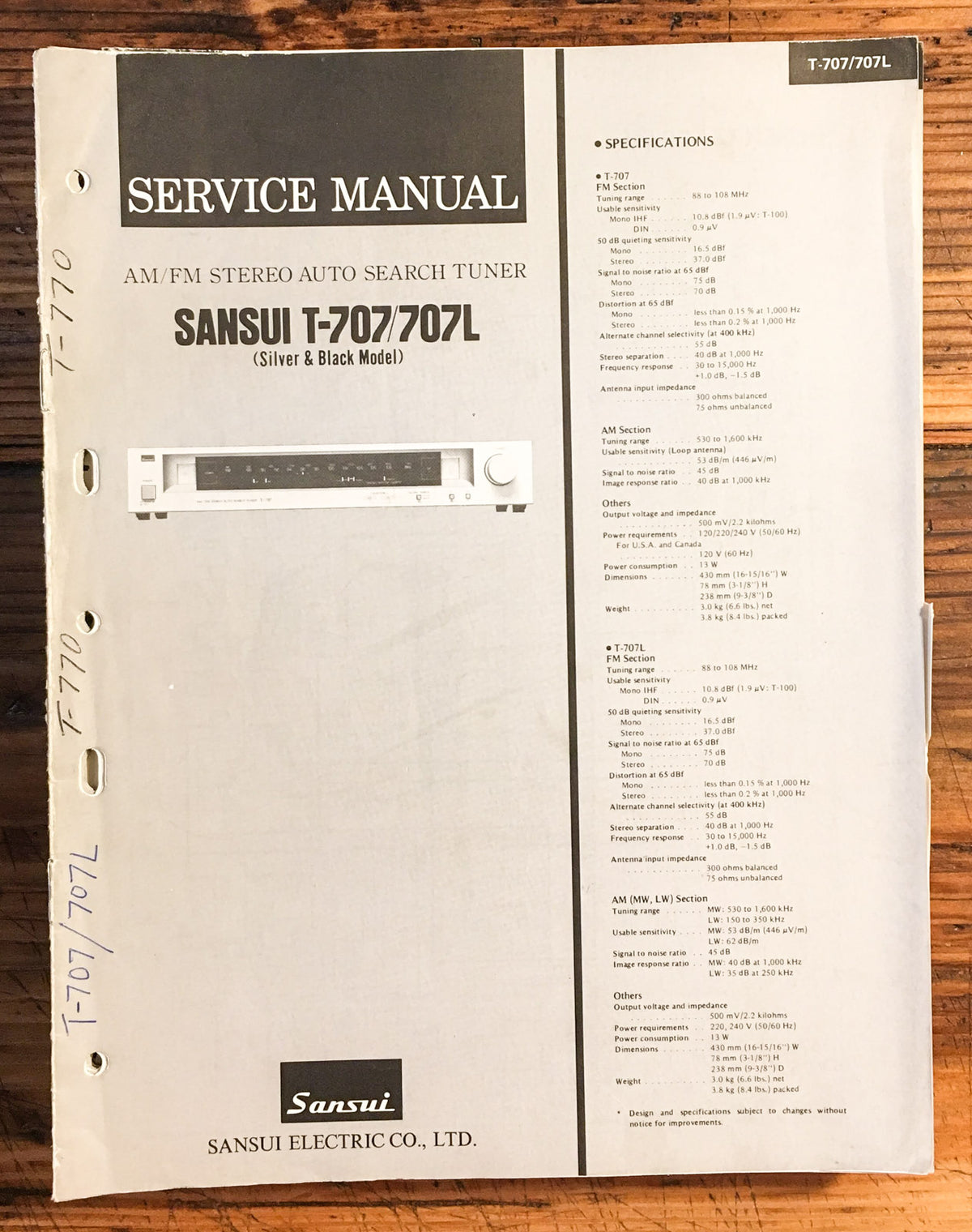 Sansui T-707 Tuner Service Manual *Original*