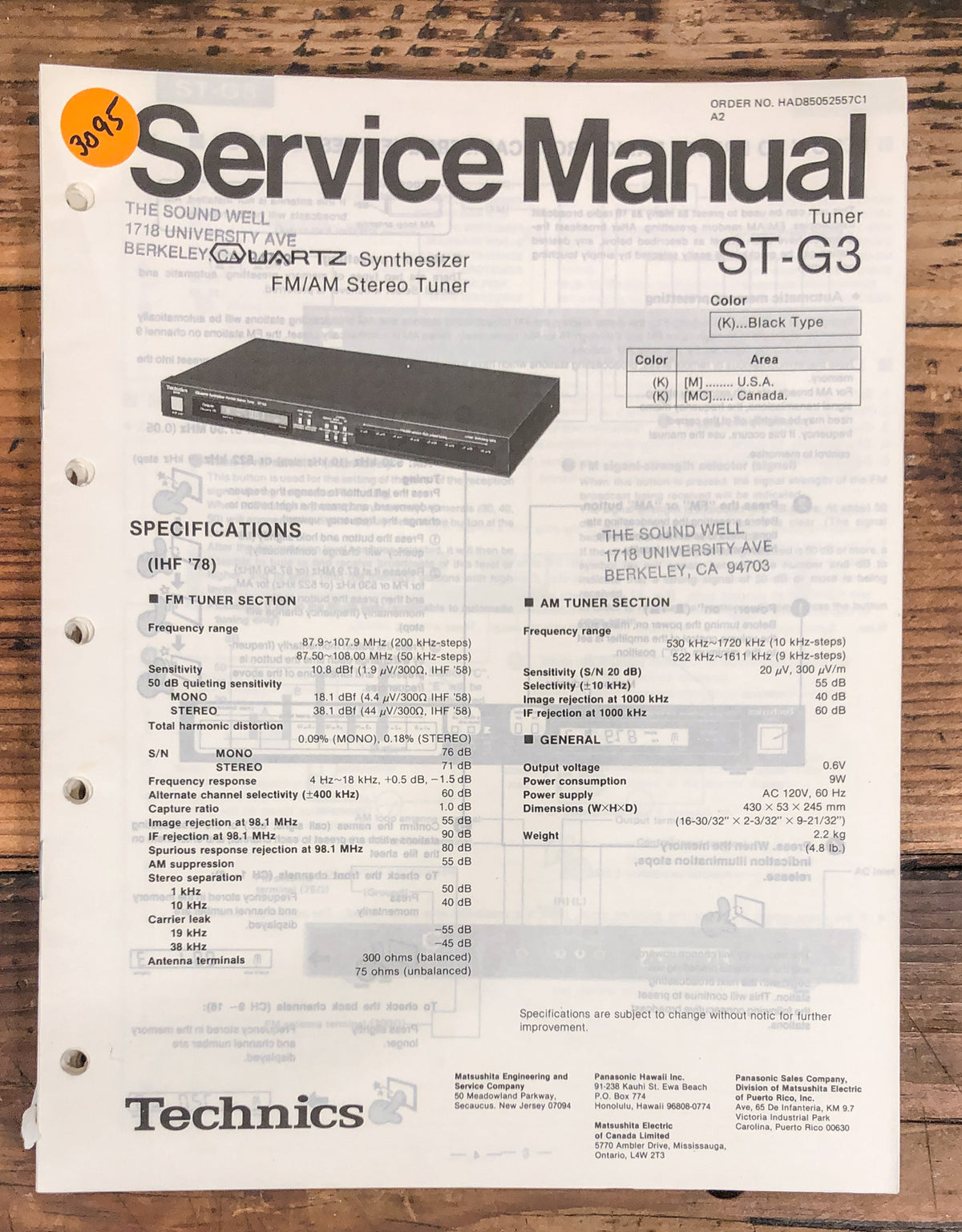 Technics ST-G3 Tuner Service Manual *Original*