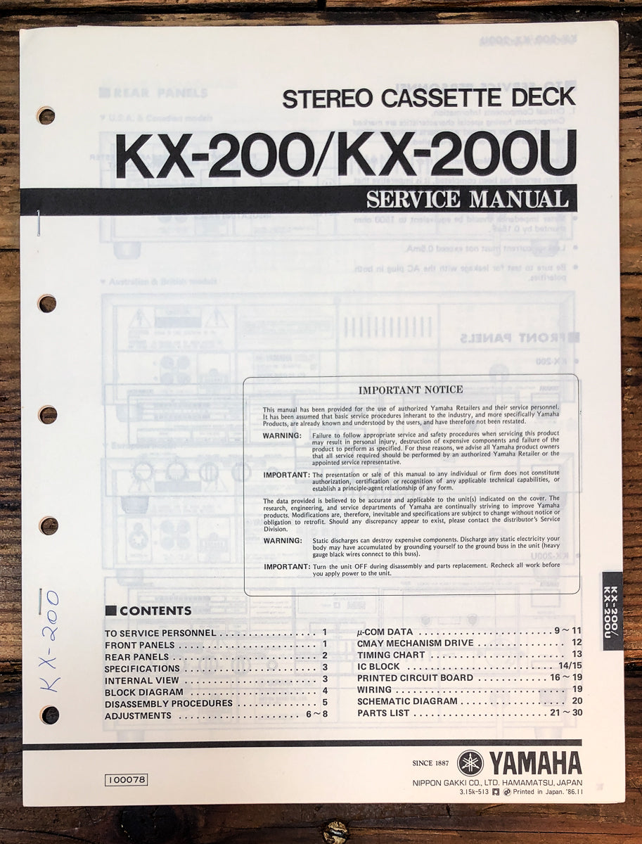 Yamaha KX-200 KX-200U Cassette Service Manual *Original*
