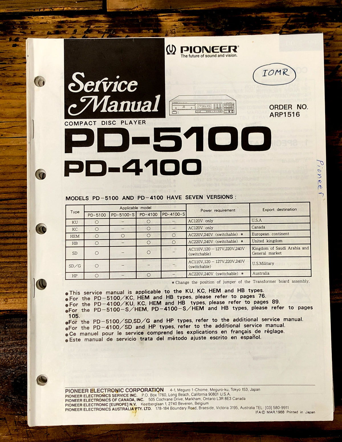 Pioneer PD-4100 PD-5100 CD Player Service Manual *Original*