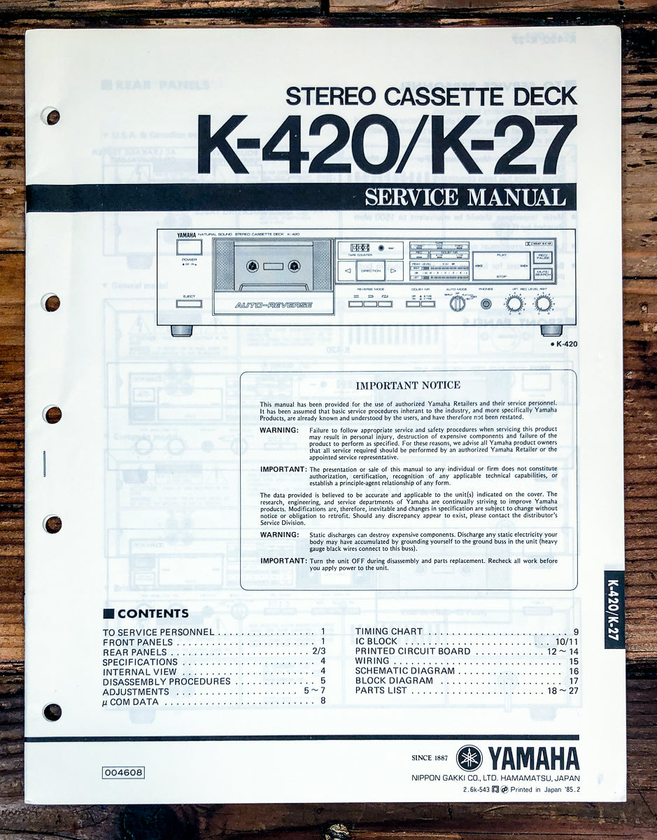 Yamaha K-420 K-27 Cassette Service Manual *Original*