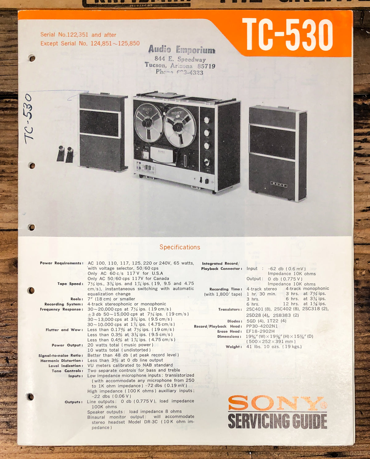 Sony TC-530 Reel to Reel Service Manual *Original*