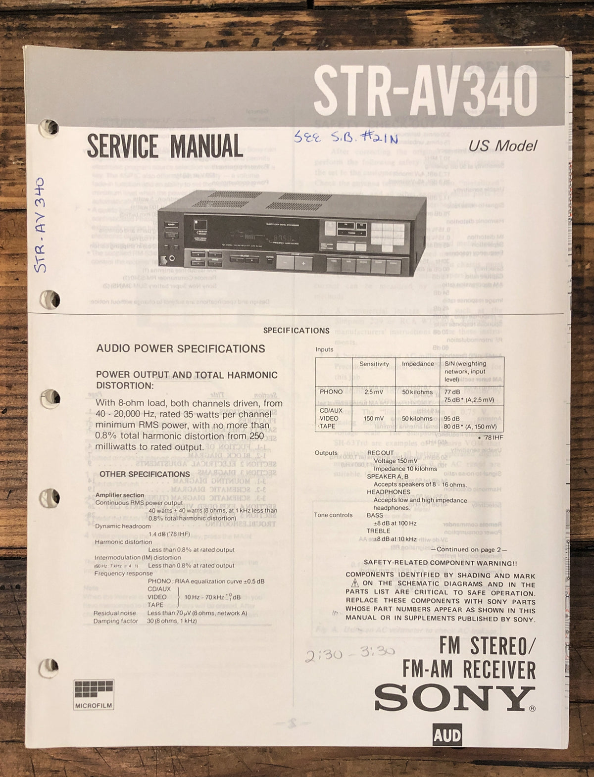 Sony STR-AV340 Receiver Service Manual *Original*