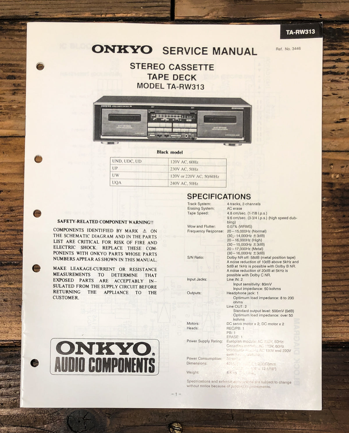 Onkyo TA-RW313 Cassette Service Manual *Original*