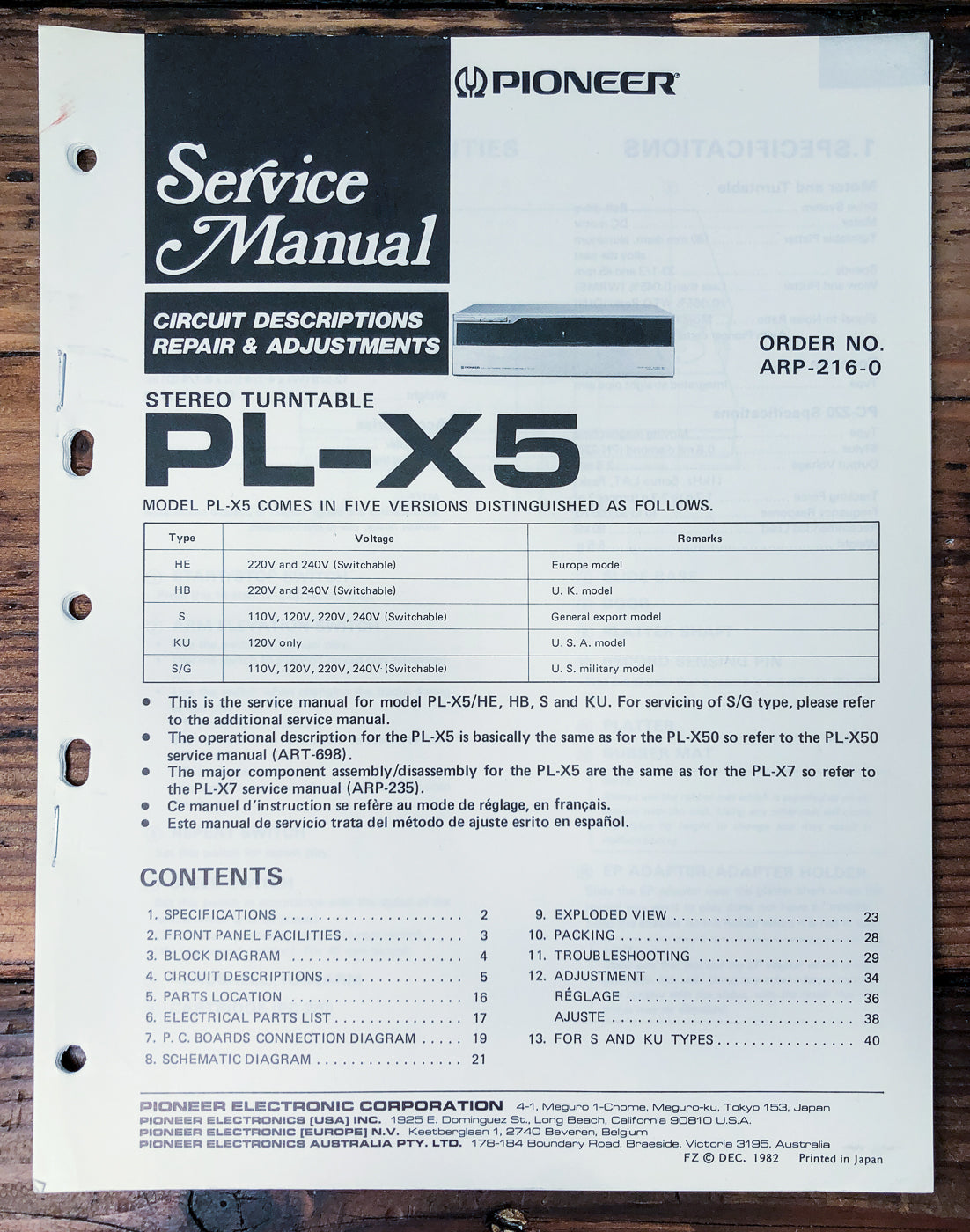 Pioneer PL-X5 Turntable Service Manual *Original*