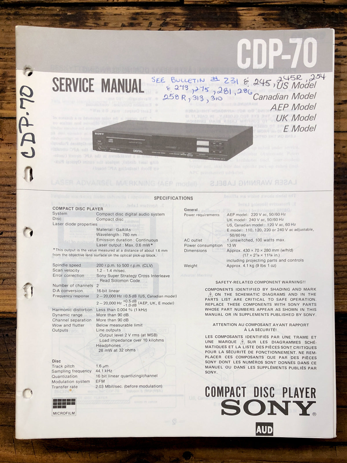 Sony CDP-70 CD Player Service Manual *Original*