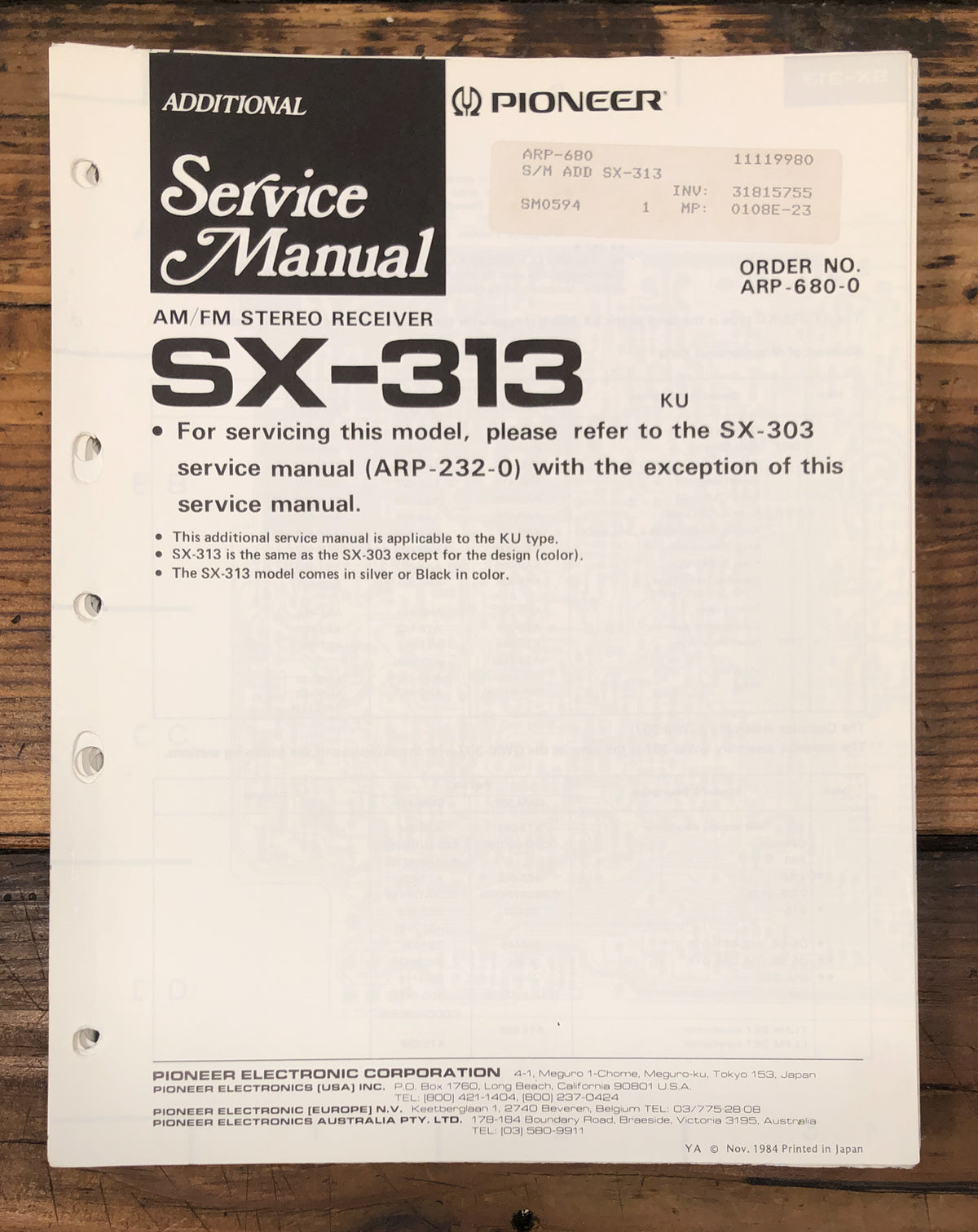 Pioneer SX-313 Receiver Additional Service Manual *Original*