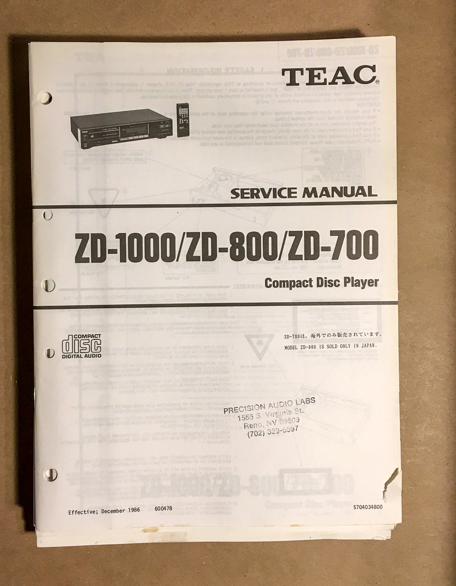 Teac ZD-1000 ZD-800 ZD-700 CD Player Service Manual *Original*