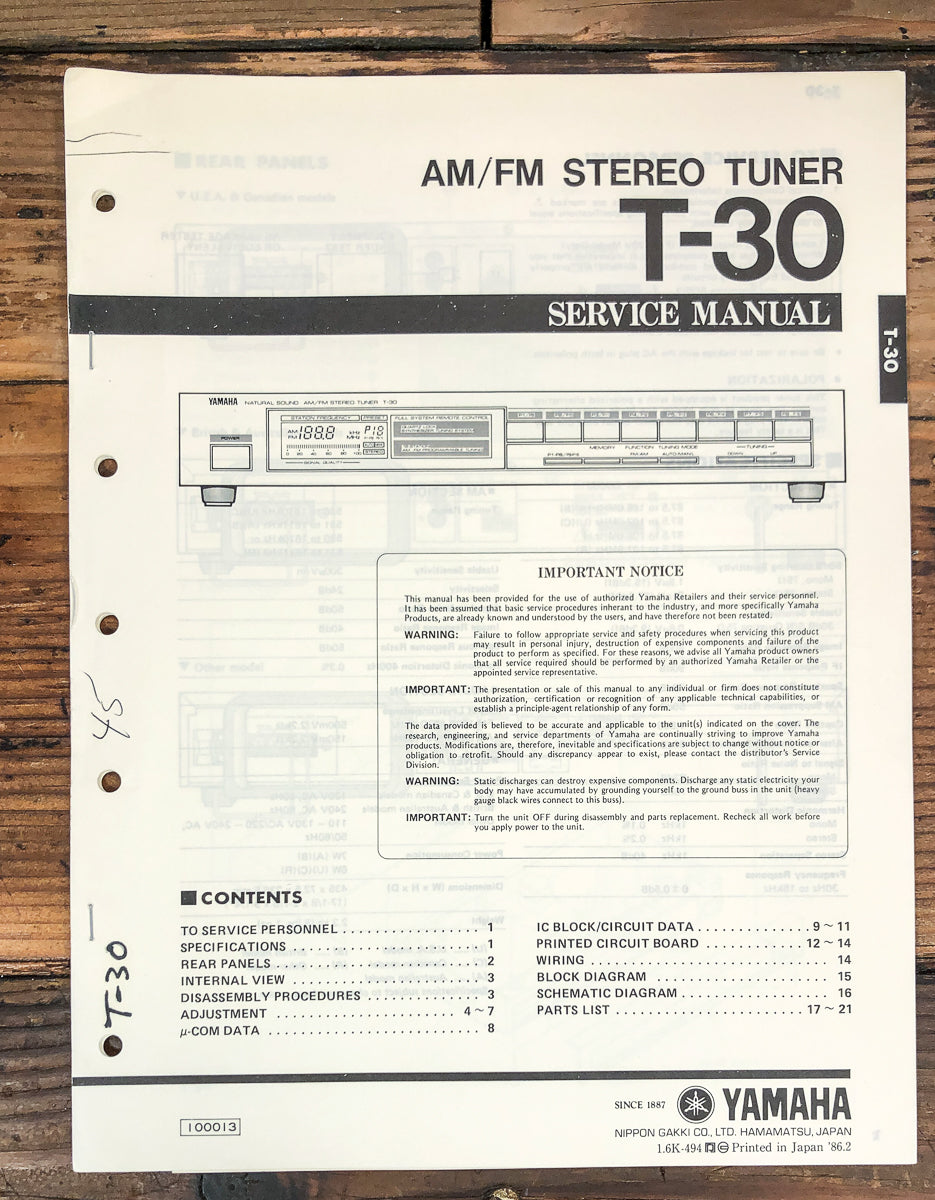 Yamaha T-30 Tuner Service Manual *Original*