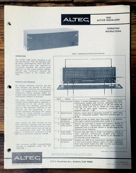 Altec Model 1650 Equalizer  Owners Manual & Schematic *Orig* #1