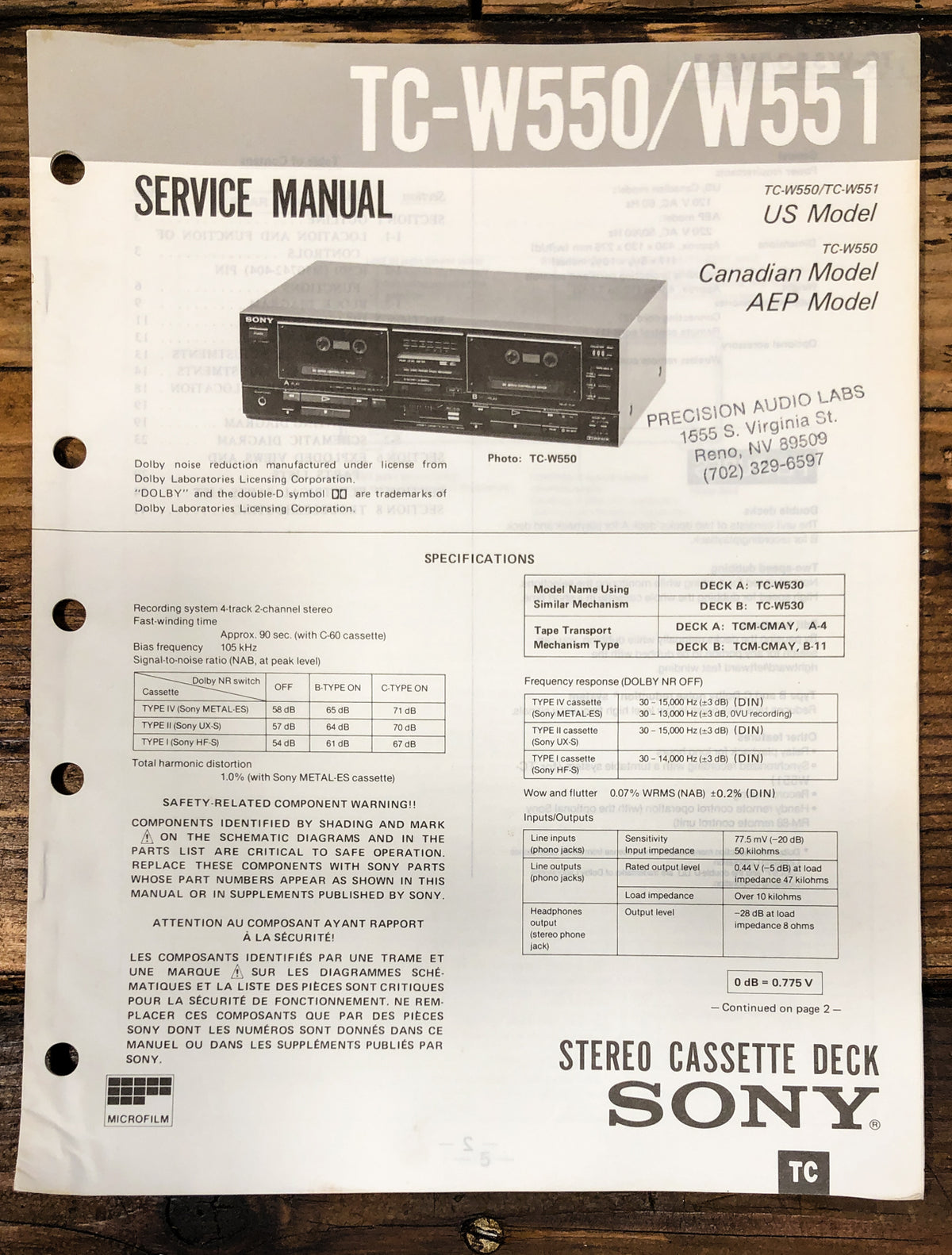 Sony TC-W550 TC-W551 Cassette Service Manual *Original*