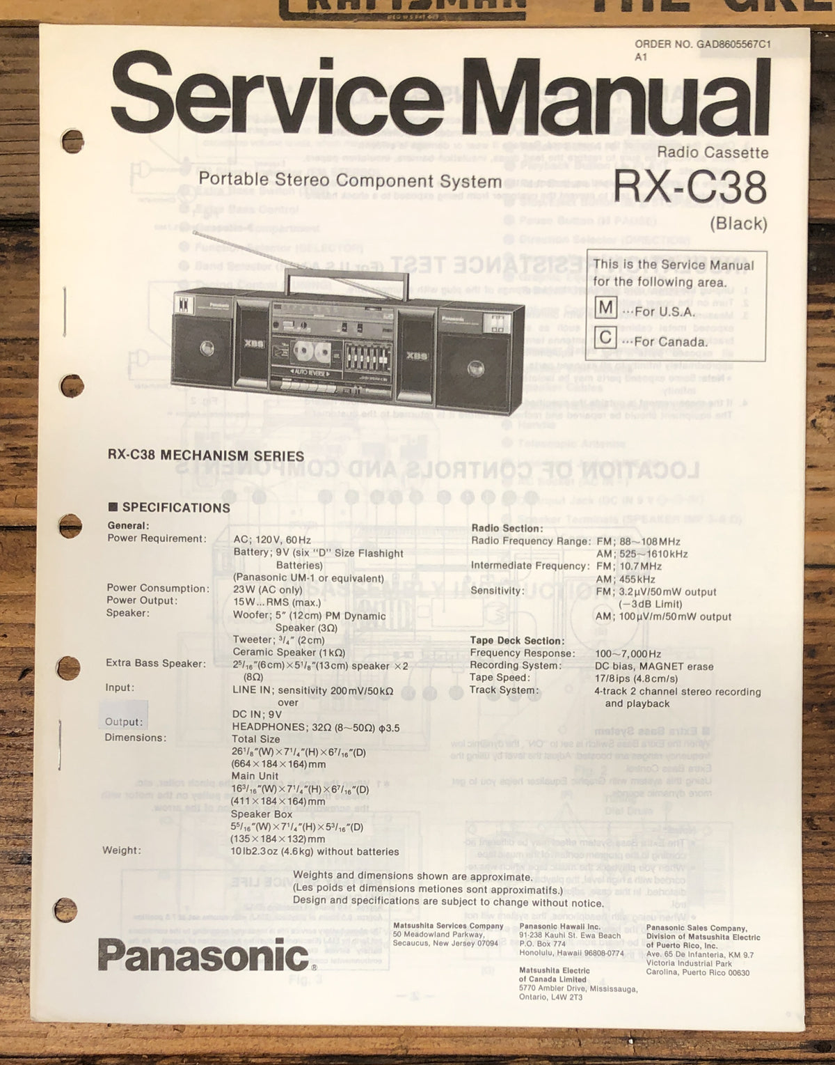 Technics RX-C38 Portable Stereo Service Manual *Original*
