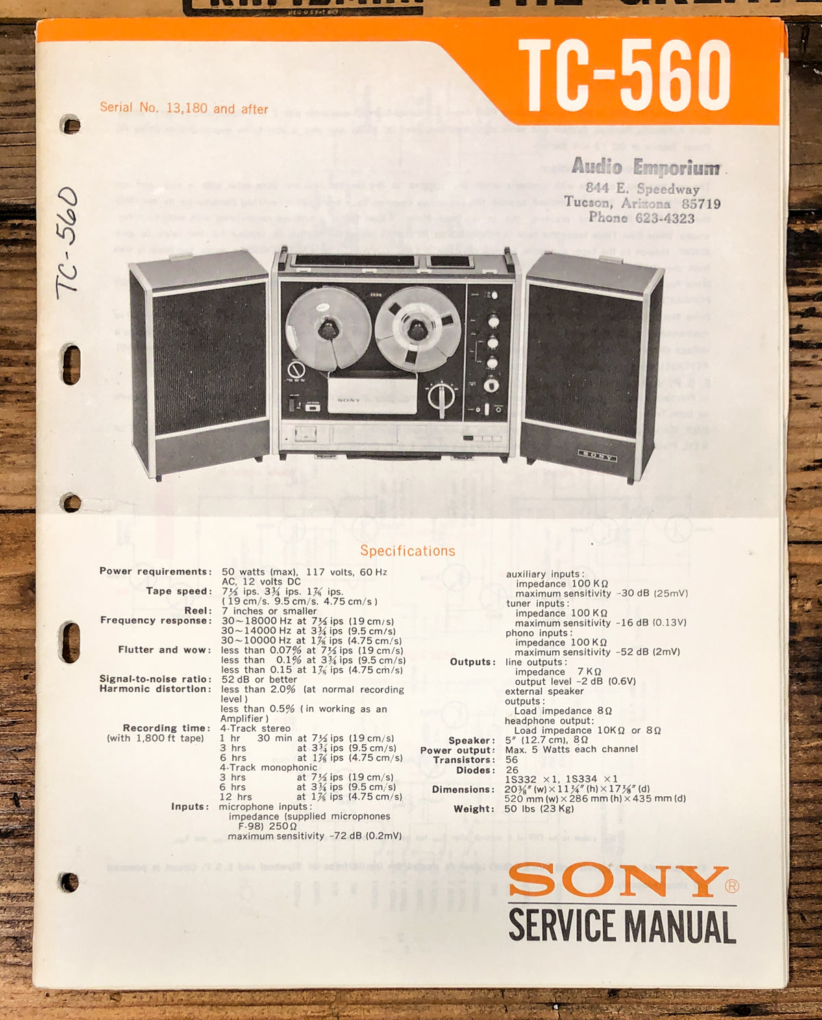 Sony TC-560 Reel to Reel Service Manual *Original* #1