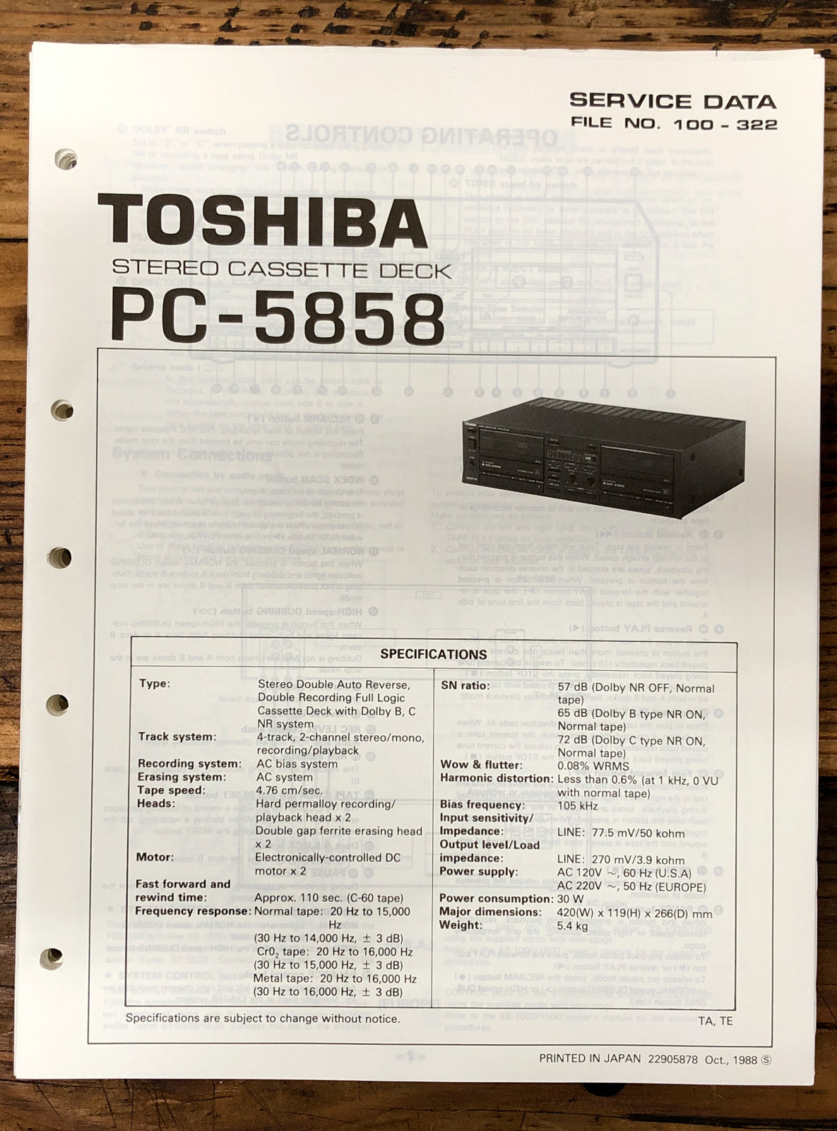 Toshiba PC-5858 Cassette Deck Service Manual *Original*
