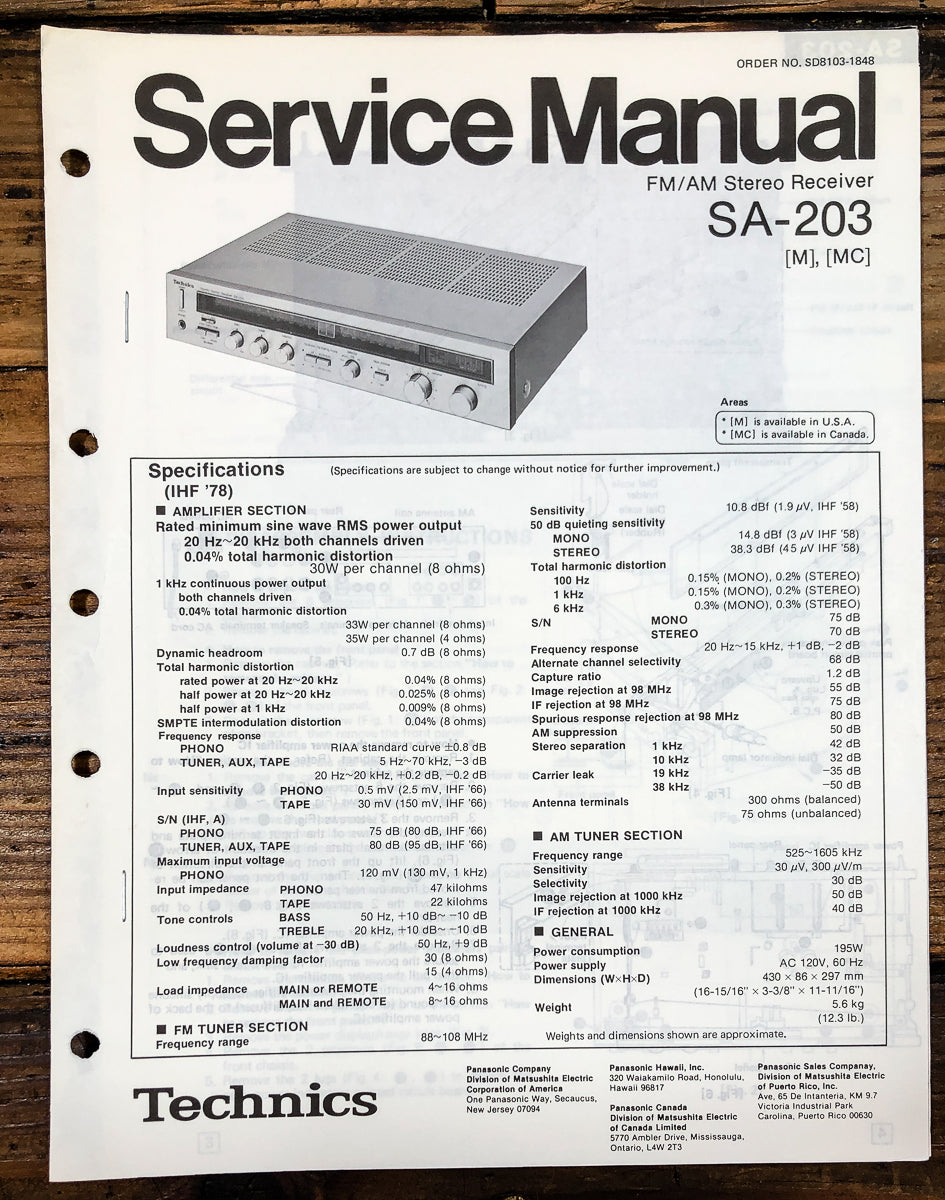 Technics SA-203 Receiver Service Manual *Original*