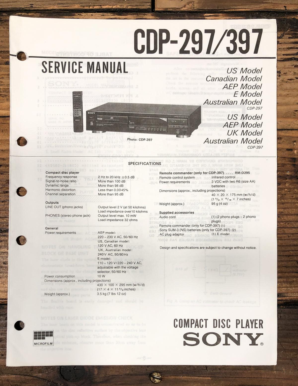Sony CDP-297 CDP-397 CD Player Service Manual *Original*