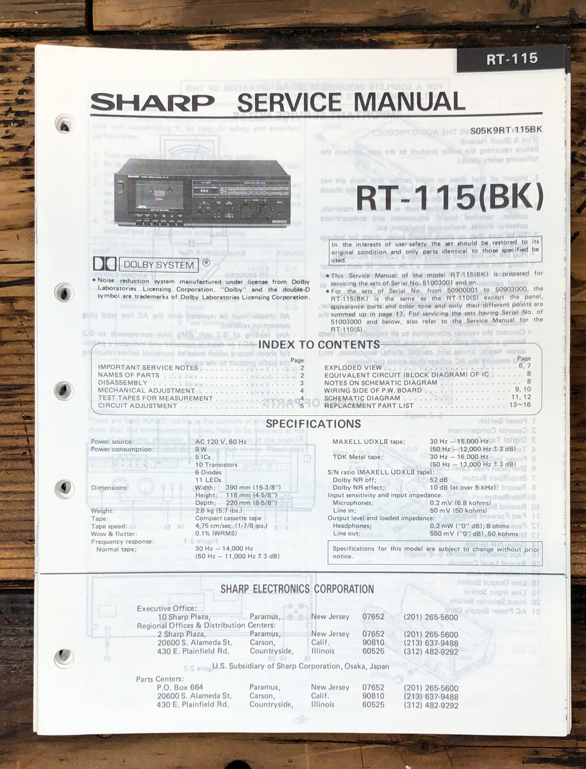 Sharp RT-115 Cassette Service Manual *Original*