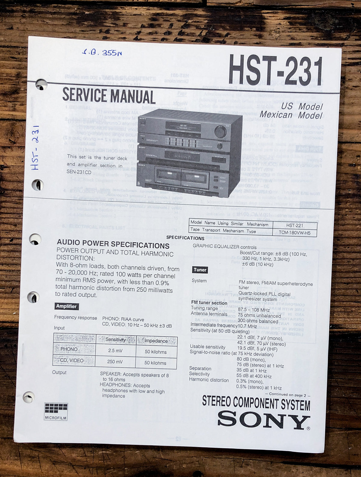 Sony HST-231 Stereo Service Manual *Original*