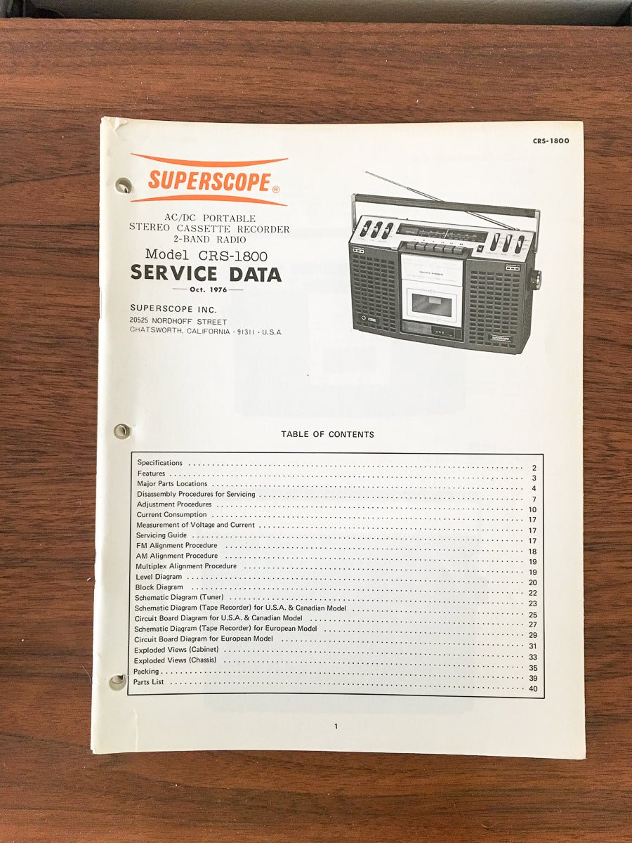 Superscope CRS-1800 Radio / Cassette Service Manual *Original*