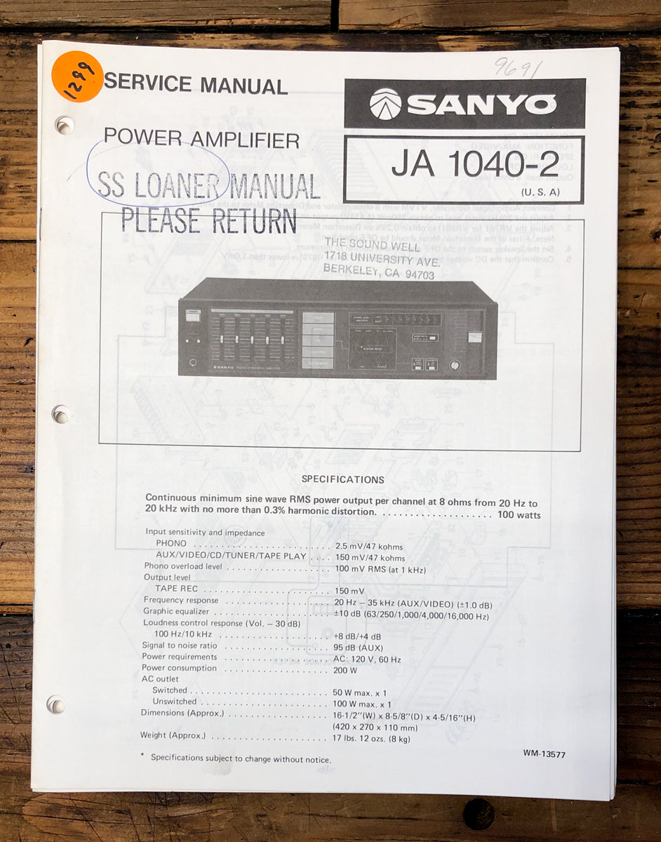 Sanyo JA1040-2 JA-1040-2 Amplifier Service Manual *Original*