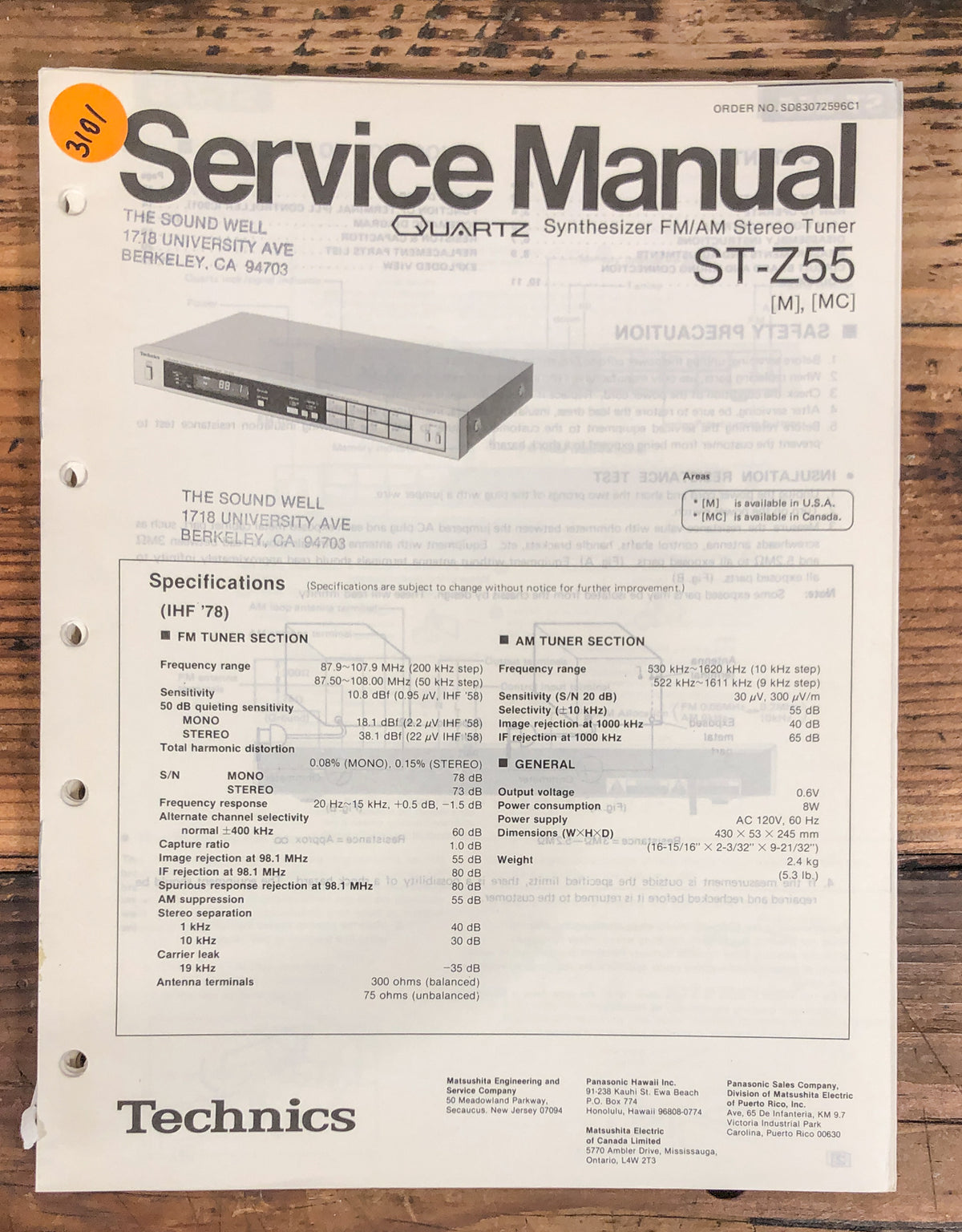 Technics ST-Z55 Tuner Service Manual *Original*