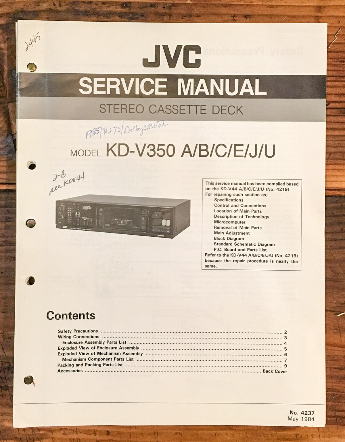JVC KD-V350 Cassette Deck Service Manual *Original*