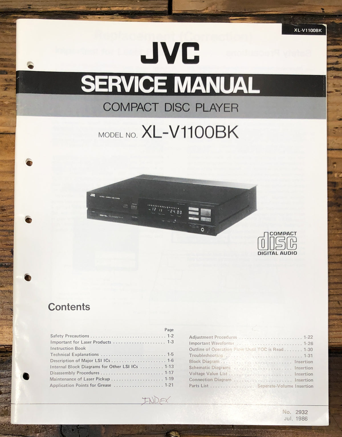 JVC XL-V1100 BK CD Player Service Manual *Original*
