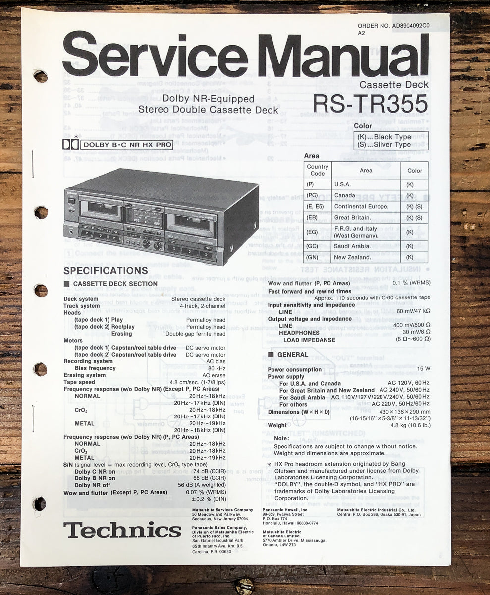 Technics RS-TR355 Cassette Service Manual *Original*