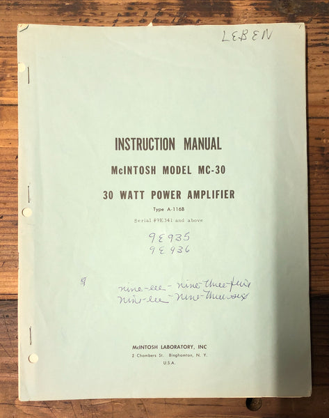 McIntosh MC-30 A-116B Amplifier 9E341+  Owners Manual & Schematic *Orig*
