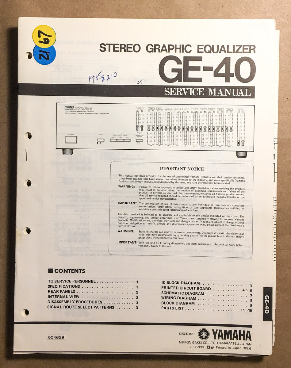 Yamaha GE-40 Graphic Equalizer Service Manual *Original*