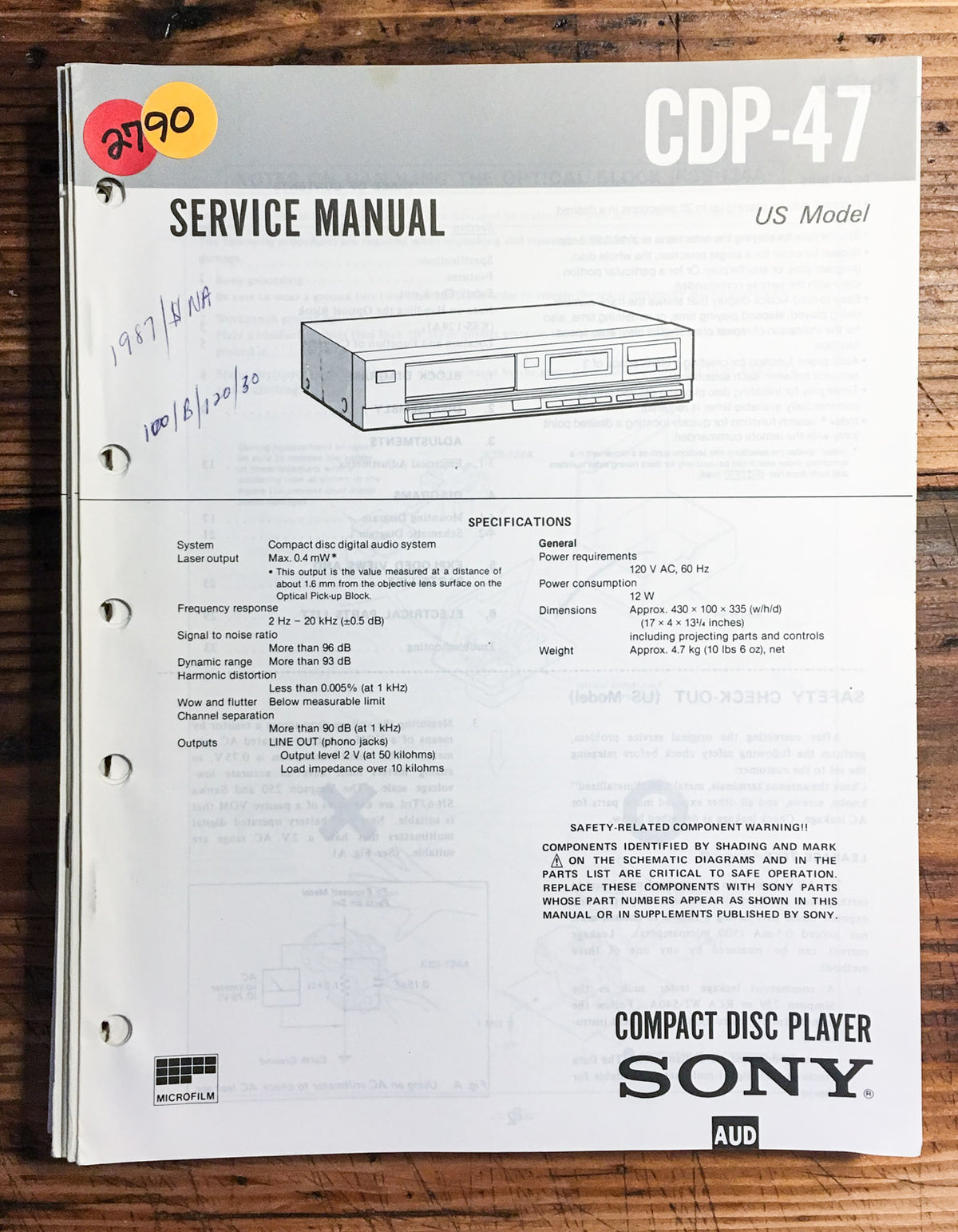 Sony CDP-47 CD Player Service Manual *Original*