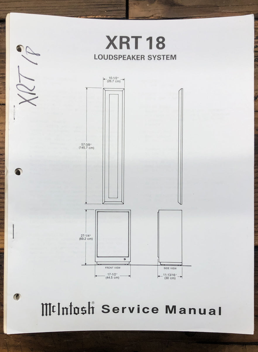 McIntosh XRT18 XRT-18 Speaker Service Manual *Original*