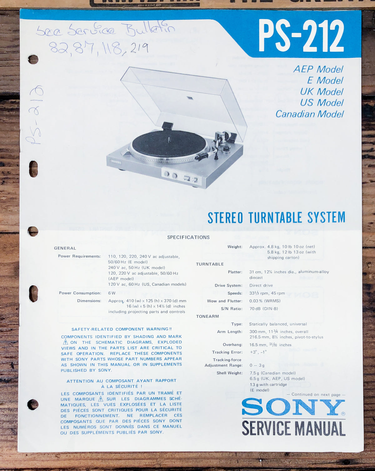 Sony PS-212 Record Player / Turntable Service Manual *Original*