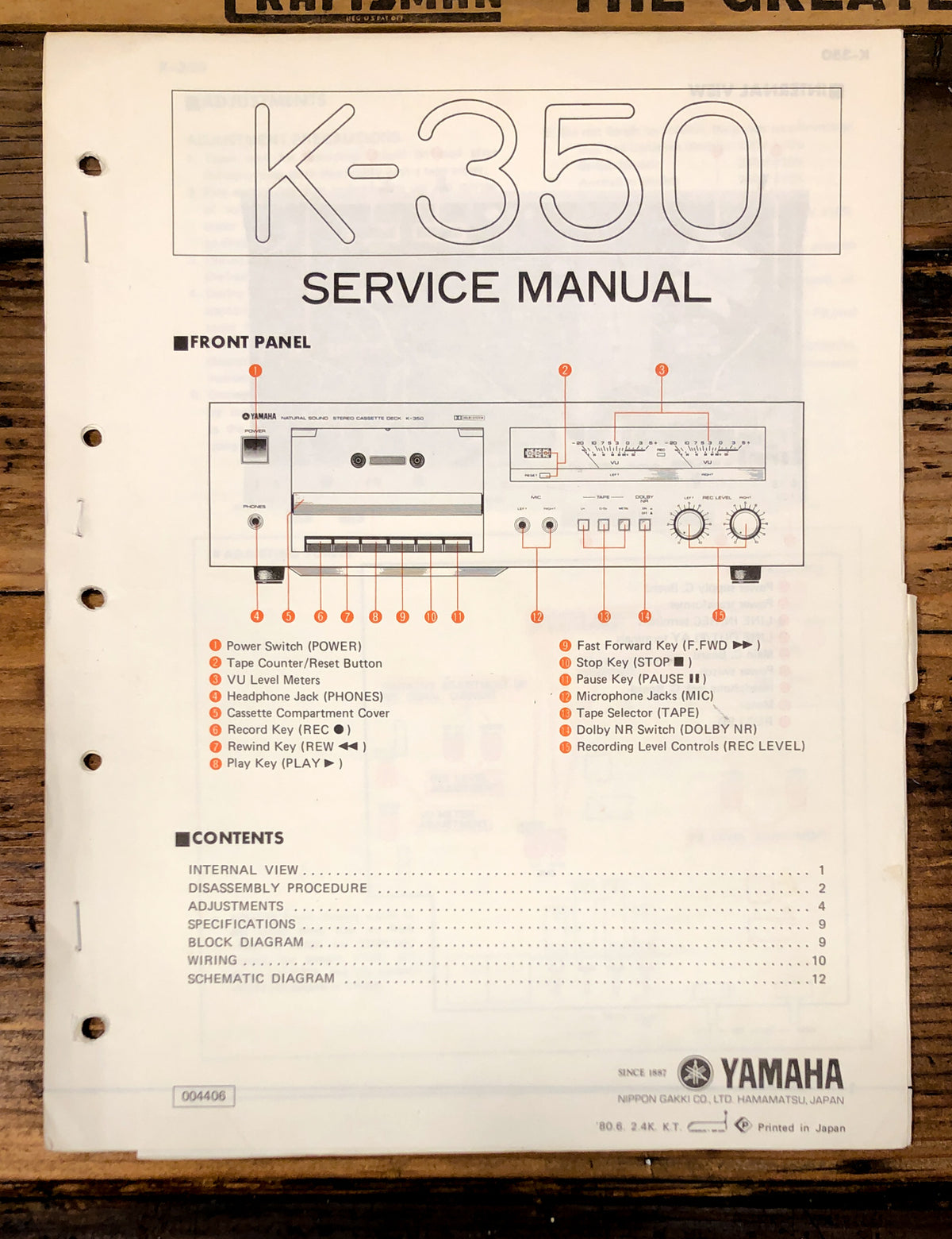 Yamaha K-350 Cassette Service Manual *Original*