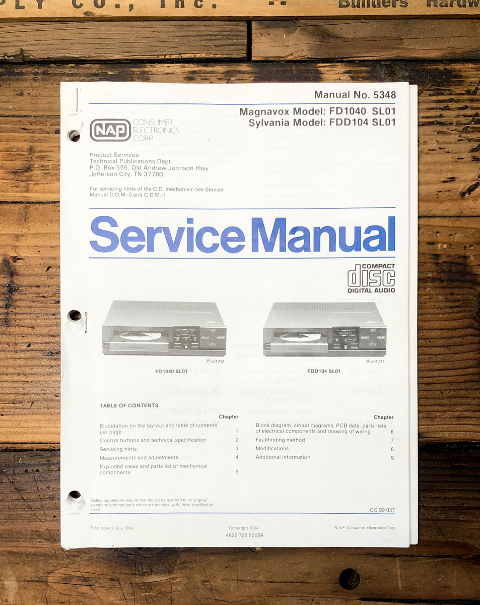 Magnavox Sylvania FD1040 FDD104 CD Player Service Manual *Original*