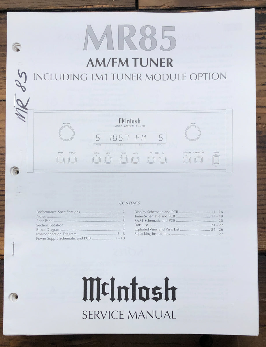 McIntosh MR85 MR-85 Tuner Service Manual *Original*